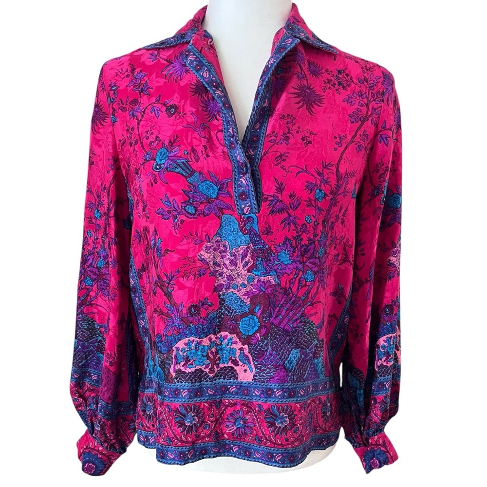 Vintage Umi Collections by Anne Crimmins Pink Silk Boho Floral Birds Blouse Sz 6